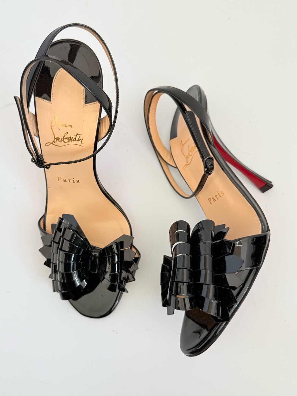 Christian Louboutin Miss Valois 100 Black Patent Bow Sandals Heels EU 39